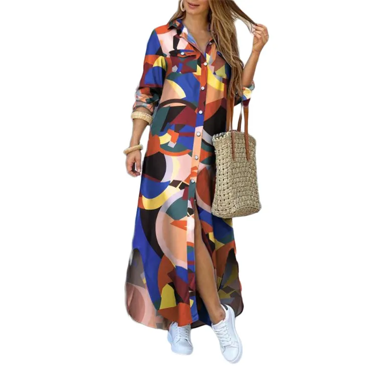 European and American spring and summer fashion sexy shirt long skirt women elegant print cardigan single-breasted maxi dress