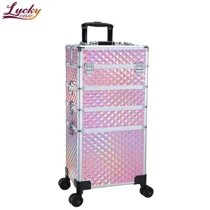 Rolling Makeup Train Case 4 In 1 Cosmetic Lockable Case Nail Artist Travel Train Case Organizer Box