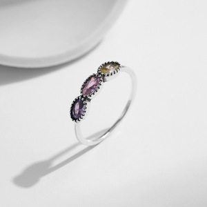 S925 Sterling <b>Silver</b> Open <b>Ring</b> With Three Oval Multi Color Natural Gemstones <b>Adjustable</b> Stackable Finger Jewelry For Women Gift - Product Image 3