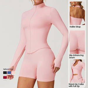 طقم رياضي من 3 قطع من إيفاريكي: شورت ضيق بدون خياطة، سترة للياقة البدنية والجري واليوغا، توب رياضي ضيق عالي المرونة - Product Image 2