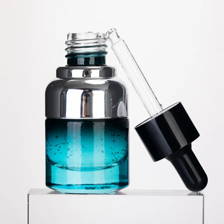 Garrafa de vidro luxuosa conta-gotas de óleo 30ml com conta-gotas preto e metal de proteção de ombro, garrafa vazia de óleo essencial cor fosca