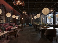 Conception de comptoir de bar de café en métal 3D, concept d'intérieur de café moderne, ensemble de meubles modernes pour café-restaurant
