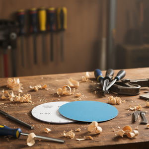 Disques abrasifs à velcro robustes P80 bleus 150 mm pour le finissage du bois et du métal - Product Image 3