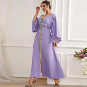 Supplier Custom 2023 Turkish Muslim Women Long Dresses Light purple hand-stitched diamond sleeve Islamic Clothing Muslim dress