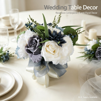 Bouquet de mariée rond élégant avec roses en soie bleu grisâtre et blanc mélangées pour la décoration de table à la maison, les fêtes nuptiales et les banquets
