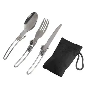 3 Pcs 1 Set Portable Outdoor Foldable Stainless Steel Camping Cutlery Set With Spoon Fork Knife Tableware Set For Travel Picnic