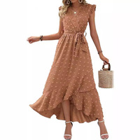 Robe d'été décontractée pour femme, couleur personnalisée, col en V, style bohème, maxi, manches à volants, taille haute, à pois, coupe trapèze