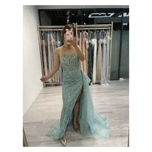 Dazzling Sleeveless Tube Top Beaded Sequined Spaghetti Straps Evening Party Prom Side Train Split Mermaid Dress Wholesale Gown