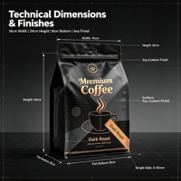 Sachet d'emballage à huit soudures latérales en feuille d'aluminium haute barrière, fond plat, refermable avec fermeture éclair et trou de suspension pour grains de café