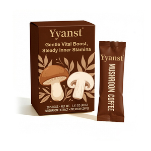 กาแฟเห็ดเพิ่มพลังสูตรอ่อนโยน OEM สำหรับขายส่งและรับผลิตแบรนด์ส่วนตัว 2 กรัม*20 ซอง กล่องลายเห็ดสองชนิดสีน้ำตาล - Product Image 1