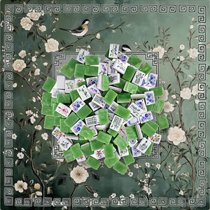 Set di Mahjong Americano di Lusso in Acrilico con Regole NMJL, Tappetino Verde Salvia con Motivi Floreali e Uccelli, Dipinto a Mano, 166 Tessere, Antiscivolo, per Club, 4 Giocatori - Product Image 1