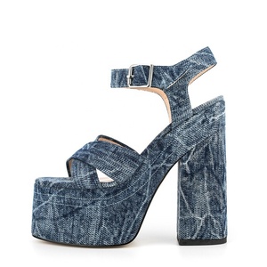 Sandales en jean pour femme à talons épais de 15 cm, plateforme épaisse, bout carré ouvert, lanières croisées, chaussures d'été bleues pour fille - Product Image 2