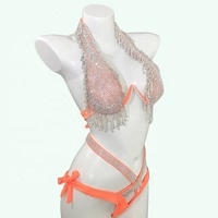 Femme brillant paillettes Bikini ensemble strass diamant maillot de bain avec populaire couleur unie Sexy dame soutien-gorge Rose Sexi vêtements de danse exotiques