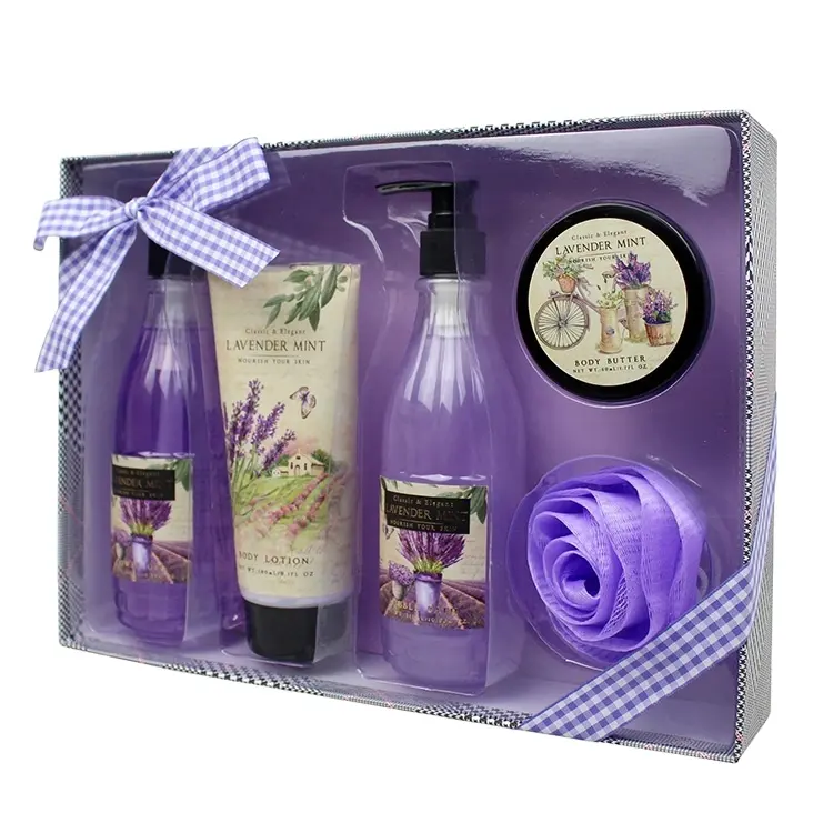 Desain Khusus Pabrikan OEM Set Hadiah Gel Mandi Gelembung Hotel Cuci Badan Lavender dengan Kotak Kertas