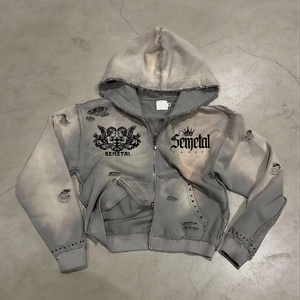 Sudadera con capucha de algodón vintage desgastada con doble cremallera, estampado personalizado de pedrería, de felpa francesa, para hombre, estilo deportivo - Product Image 1