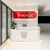 Comptoir de réception blanc personnalisé pour bureau, avec façade incurvée en U et logo rétroéclairé rouge, mobilier pour salon, boutique, magasin
