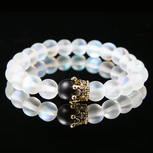 Newest Women Healing Meditation Boho Wrist Mala Lotus Jewelry 8mm Pink Moonstone OM Bracelet for Ladies