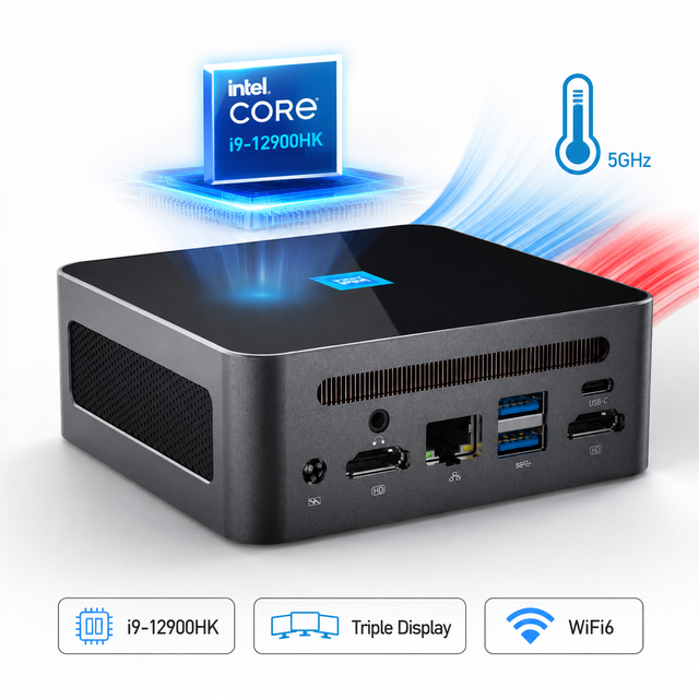 Intel Core I9-12900H Mini PC DDR4 2x M.2 NVMe SSD 4K Triple Display WiFi6 BT5.2 Small PC for Business Office Industrial Use