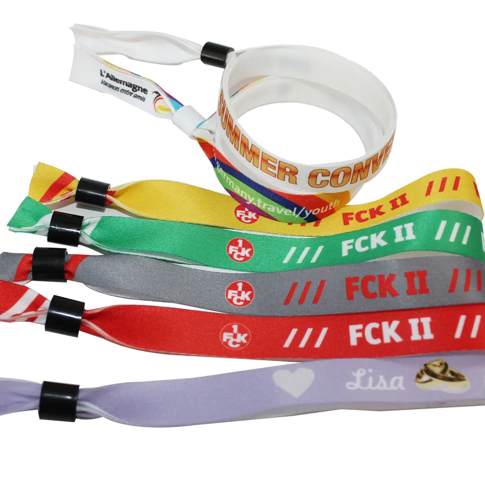 Benutzer definierte Polyester Slide Lock Verschluss Armband Einweg-Armbänder aus gewebtem Stoff für Festival-Events
