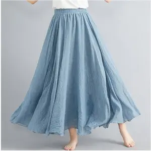 Offre Spéciale automne nouvelle mode coton et lin demi-longueur jupe couleur unie longue jupe grande balançoire femmes jupes