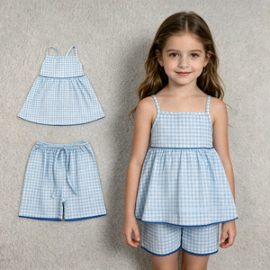 New Toddler Girls Casual Summer <b>Clothes</b> Blue White Gingham Sleeveless Top with Shorts 2-Piece Spandex/Cotton Outfit - Product Image 1