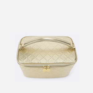 Two-Piece Quilted <b>Makeup</b> Bag <b>Case</b> Set with Gold-Tone Zippers for Women Travel Cosmetic and Beauty Storage Organized Storage - Product Image 4