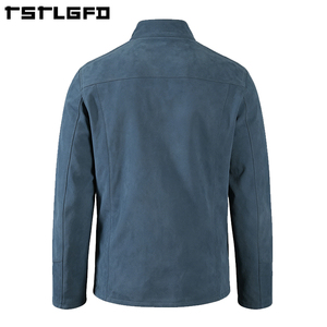 Custom Blue <b>Suede</b> <b>Jacket</b> Reversible Navy Leather Stand Collar Smart Casual Panelled Double Sided Coat Wholesale Bulk - Product Image 2