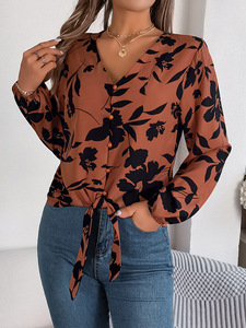 Autumn and Winter Casual Color-Collision Flower Lantern Sleeve <b>Tie</b> Chiffon Shirt Women's Tops Fashion - Product Image 5