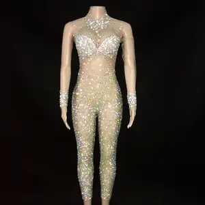 Sparkly ชุดจั้มสูทนักร้องประดับพลอยเทียม,ชุดบอดี้สูทซีทรูชุดจิวเวลรี่สำหรับใส่แสดงบนเวทีเต้นรำชุด Gogo