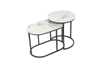 Ensemble de 2 tables basses gigognes modernes rondes en bois marbré blanc, table d'appoint, cadre en métal noir, plateau ovale blanc et pied noir