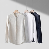 Chemise décontractée homme col mandarin en lin et coton, coupe ajustée, manches longues, style chinois, couleur unie, style fin, printemps/été