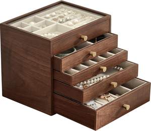 Boîte à bijoux en bois de noyer noir personnalisée, grande boîte organisatrice à tiroirs pour femmes avec couvercle en verre pour colliers, montres, bagues, boucles d'oreilles - Product Image 2