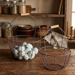 Panier de rangement rustique en fil de fer, panier rond en métal fait à la main pour la cuisine - Product Image 2