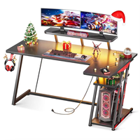 Bureau de jeu moderne en forme de L avec étagère de rangement, réglable, RGB, noir et blanc, en bois, petit coin, prises électriques/support pour moniteur