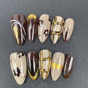 <span class=keywords><strong>Uñas</strong></span> Postizas Hechas a Mano de Alta Calidad al por Mayor, Forma de Almendra, <span class=keywords><strong>Color</strong></span> Café, Estilo Pintado a Mano, Reutilizables - Product Image 3