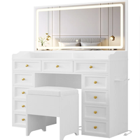 Coiffeuse avec 11 tiroirs et grand miroir LED éclairé de 47 pouces, avec une prise électrique et un tabouret de rangement