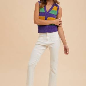 Tùy Chỉnh Bán Buôn Mardi Gras Của Phụ Nữ Mùa Hè Sọc V Cổ Áo Len Đan <span class=keywords><strong>Tank</strong></span> Tops Nhà Sản Xuất - Product Image 4