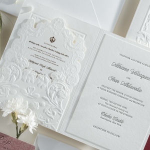 Luxury Floral Embossed Wedding Invitation Suite with Custom Die Cut Offset <b>Printed</b> <b>Paper</b> Envelope Liner and RSVP Card - Product Image 2
