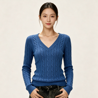 Pull en maille torsadée bleu col en V pour femme, coupe ajustée, manches longues, haut torsadé amincissant, idéal pour l'automne – Commandes personnalisées acceptées