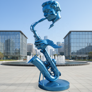 Scultura Artistica 3D di Sassofono in Acciaio Inossidabile Forgiato su Misura, Raffigurante un Movimento Musicale con Note Blu, per Piazze Cittadine - Product Image 1