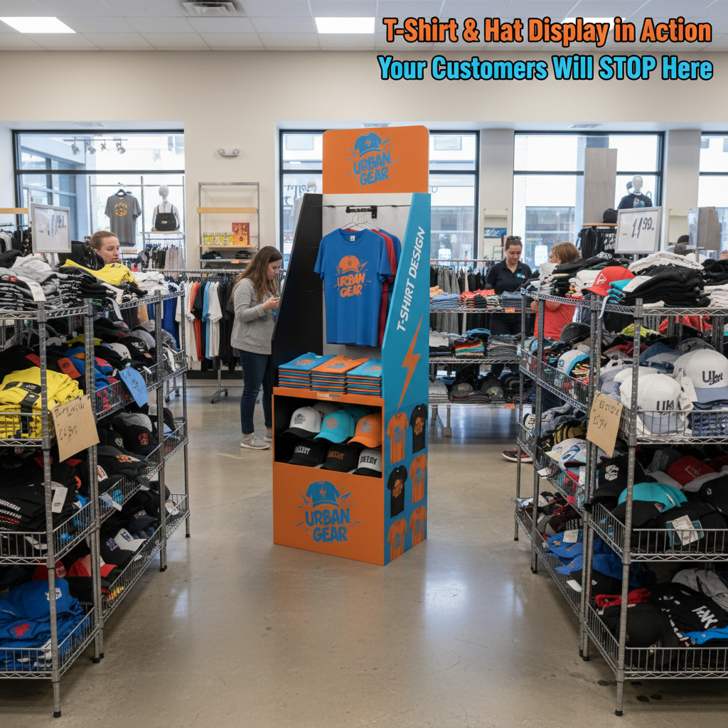 Custom Corrugated Retail Baseball Hat Cap Cardboard Pop Display Stand Floor T-shirt Clothing POS Display Rack — view 2