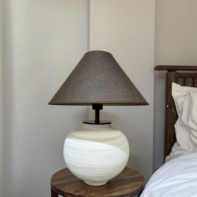 Scandinavian Style Handcrafted Ceramic Globe Table Lamp with Linen Shade Minimalist White Textured Ceramic Table Lamp