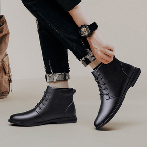 Bottes décontractées et habillées pour hommes en cuir pleine fleur première couche, grande taille 38-45, à lacets à la cheville, souples et antidérapantes - Product Image 2