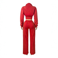 YX2296 - Ensemble deux pièces pour femme : cardigan à col rond zippé, coupe ajustée, effet délavé et vieilli, et pantalon large à cordon de serrage