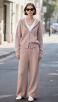Cardigan à capuche zippé en tricot de cachemire à coupe ample et pantalon large pour femmes ensemble de survêtement deux pièces