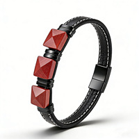 Bracelet en cuir tressé pour homme avec pierre de malachite verte facettée carrée et fermoir magnétique en acier inoxydable – Vente en gros