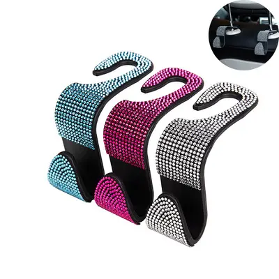 Bling Diamond Rhinestone Car Headrest Hook Colorful Vehicle Hook Organizer For Handbags Purses And Grocery