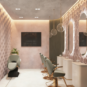 Armoire <span class=keywords><strong>de</strong></span> présentation <span class=keywords><strong>de</strong></span> <span class=keywords><strong>salon</strong></span> <span class=keywords><strong>de</strong></span> coiffure en acier inoxydable moderne minimaliste <span class=keywords><strong>de</strong></span> luxe personnalisable, style rétro, éclairage LED, design mural - Product Image 3