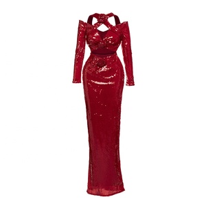 Usine de broderie faite à la main robes de soirée de haute qualité <span class=keywords><strong>dr</strong></span> robes de soirée de haute qualité <span class=keywords><strong>dr</strong></span> LF2036C robe de soirée rouge à paillettes entrecroisées licou robe à manches longues sirène fendue découpe épaule moulante coupe ajustée robe de soirée brillante robe de soirée à la mode robe de soirée tendance de la mode robes de soirée sur mesure - Product Image 1