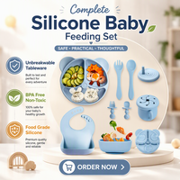 Ensemble de vaisselle incassable en silicone pour bébé, sans BPA, avec assiette à succion, bavoir, bol, cuillère, fourchette et tasse à bec verseur, vente en gros